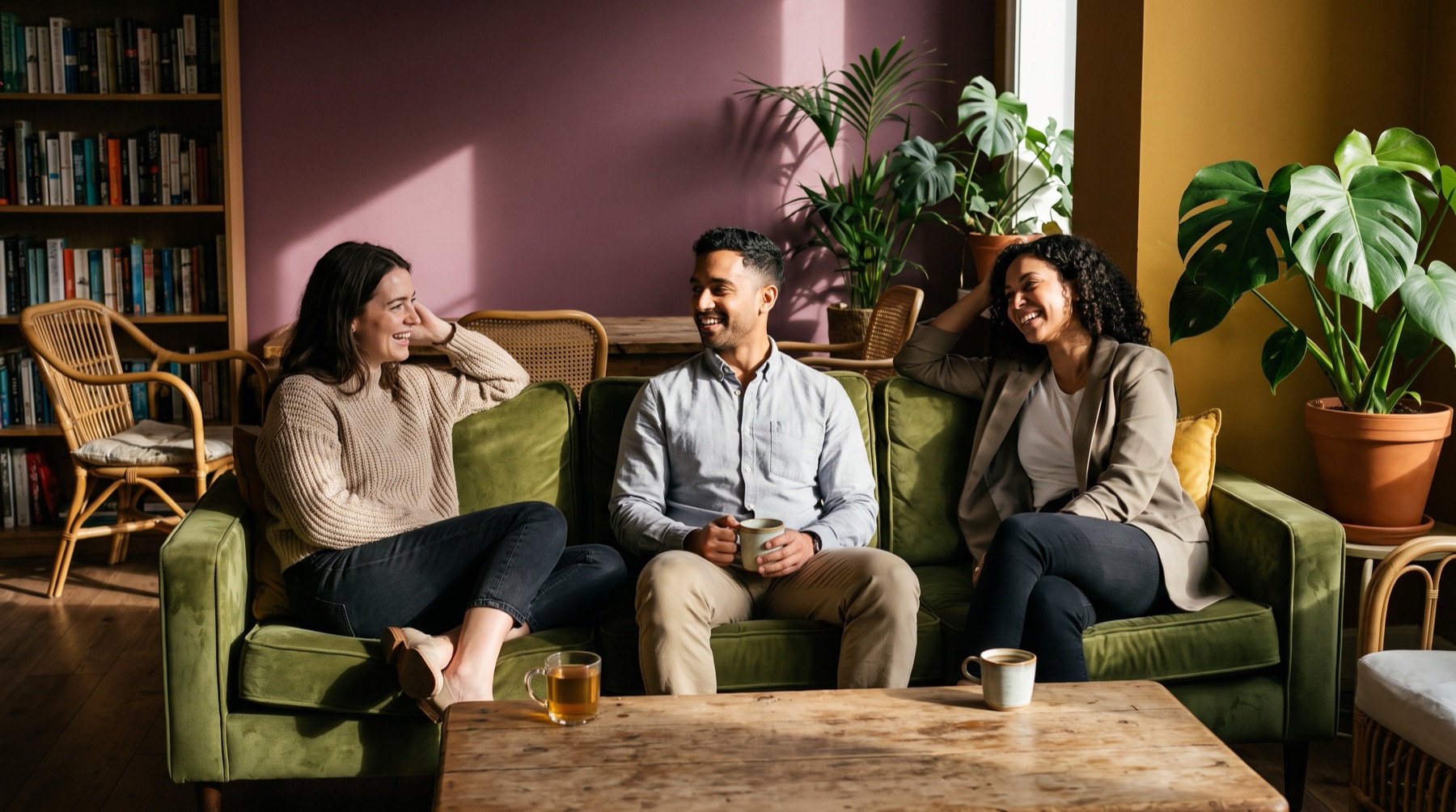 Three coworkers unwinding together in the Off Hours lounge