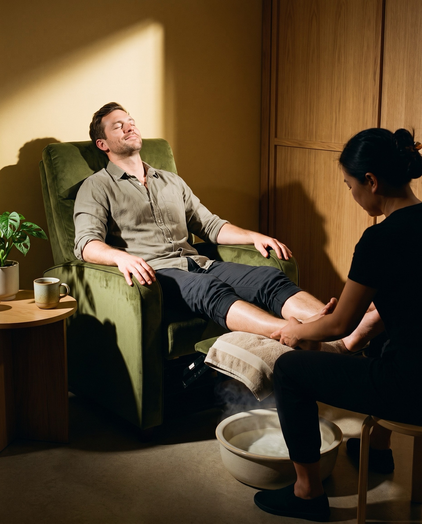 A guest getting a foot massage in a private Off Hours room