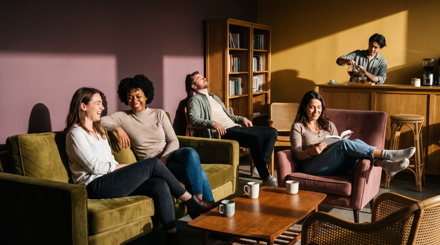 People relaxing with tea and books in the Off Hours lounge